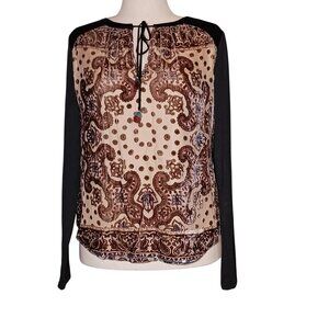 Hale Bob Silk Burnout Velvet Pullover Blouse Tassel Tie Size M Gray Brown Blue